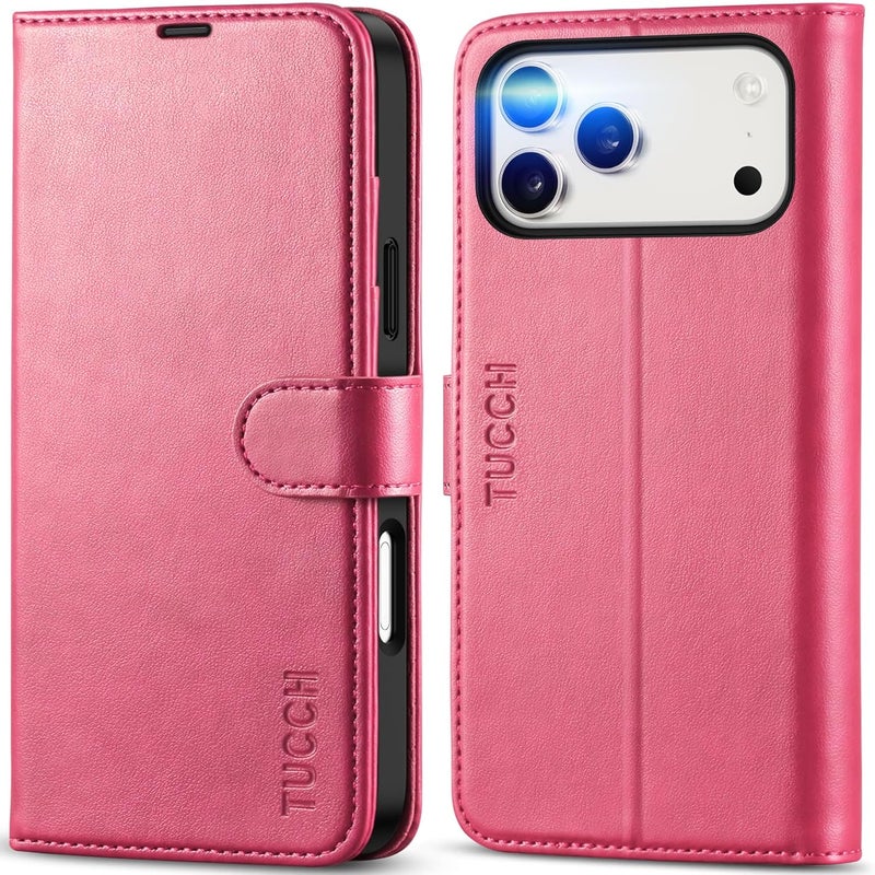 TUCCH Wallet Case for iPhone 17 Pro Max (6.9") 2025, 4 Card Slots | RFID Blocking | Stand | Shockproof TPU Shell | PU Leather | Magnetic Closure | Protective Flip Folio Cover | Hot Pink - Image 1
